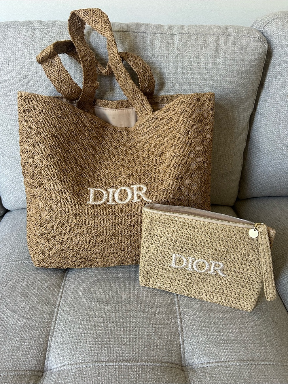 Dior Natural Raffia Tote with Matching Raffia Pouch